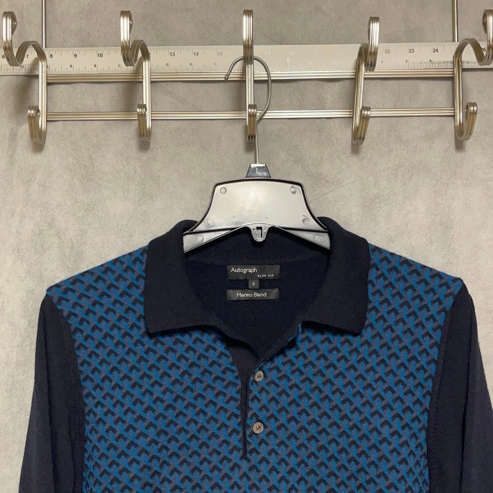 Autograph Sweater Men S Blue Slim Geometric Knit Polo Italy Merino Wool Blnd L/S